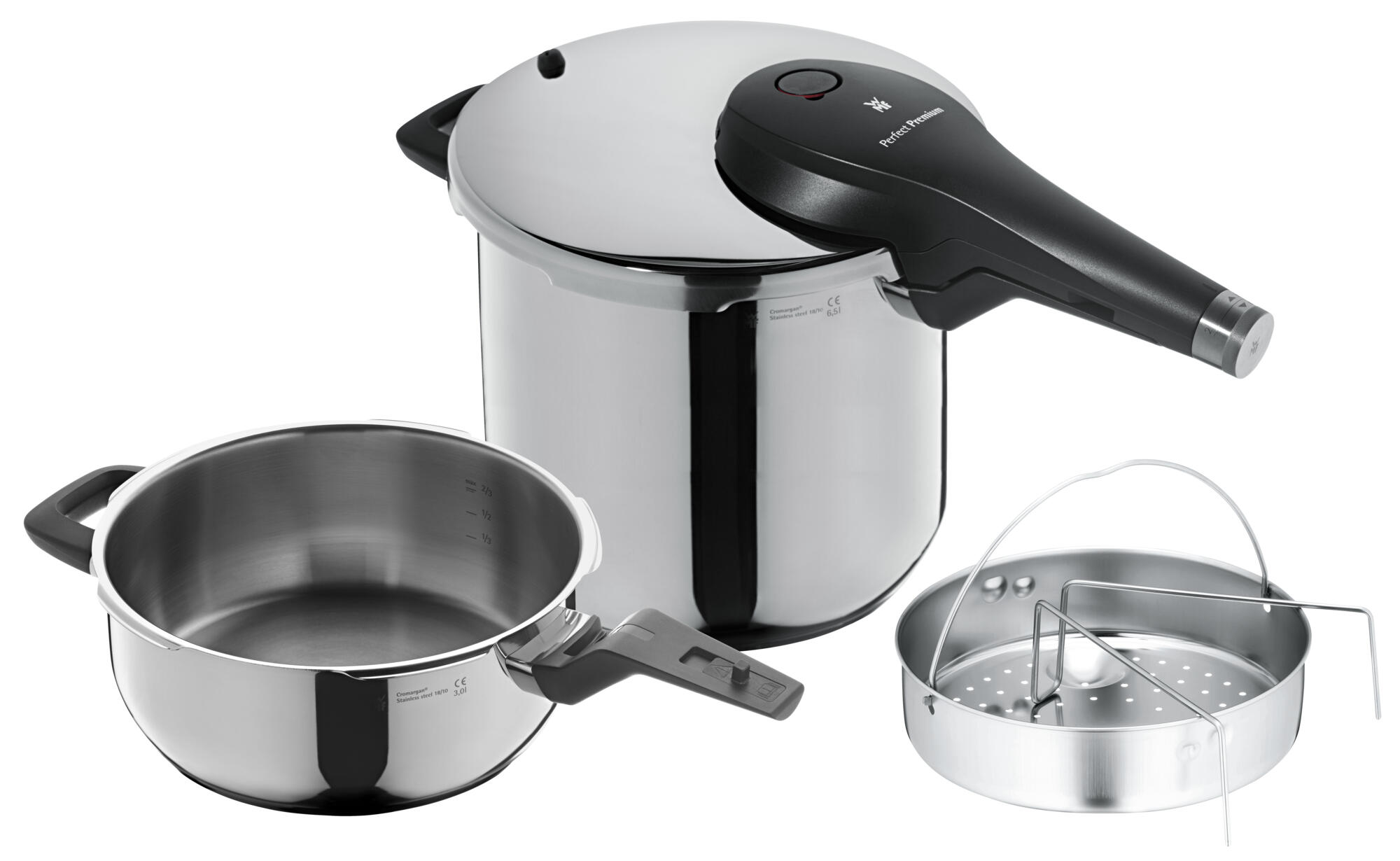 WMF Perfect Premium One Pot Pressure Cooker Set, 6.5 L and 3 L with steam basket