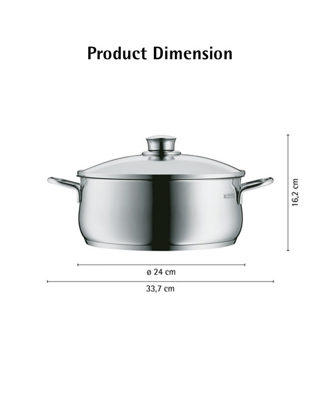 WMF Diadem Plus Low Casserole With Lid 24cm 4.5L 2.04KG,TransTherm® Universal Base,Cromargan® Stainless Steel 0730256040