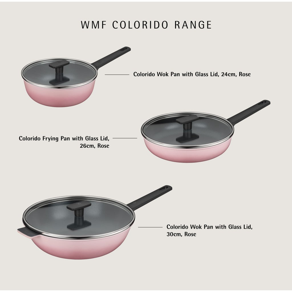 WMF Colorido Rose Pink Frying Pan 26cm / Wokpan 24cm / 30cm with Glass Lid