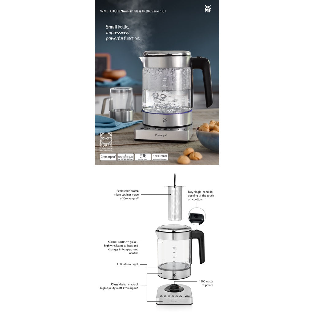 WMF KITCHENminis Glass Kettle Vario Grey 1900W 1L