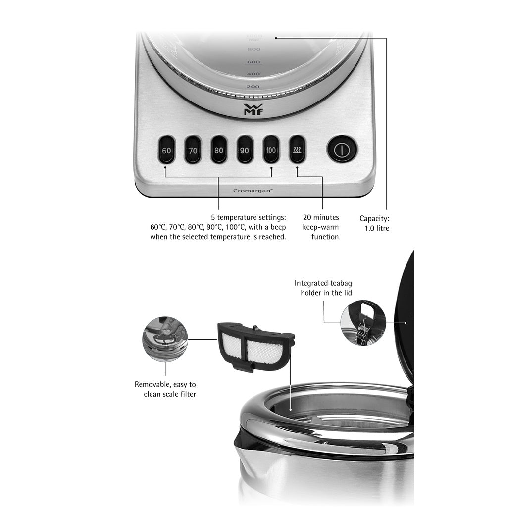 WMF KITCHENminis Glass Kettle Vario Grey 1900W 1L